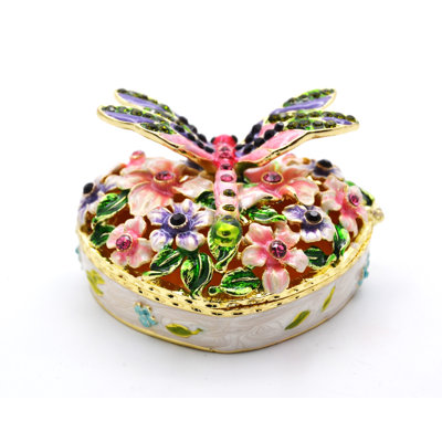 Boîte à bijoux en forme de cœur avec libellule et fleurs avec cristaux autrichiens