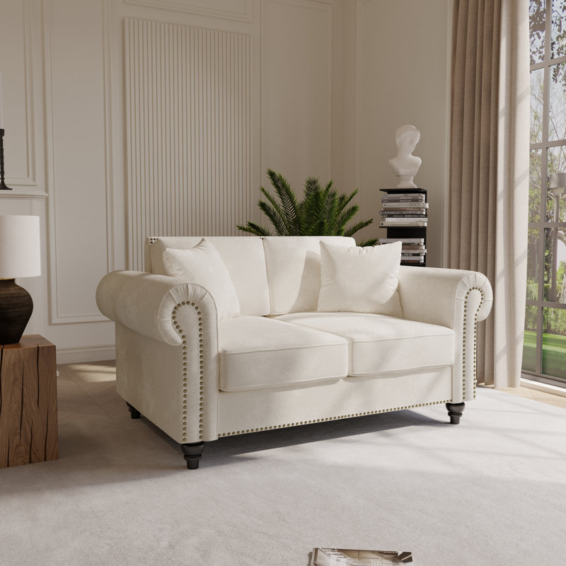 63" Rolled Arm Chenille Upholstered Sofa With Nailhead Trim & Solid Wood Legs, 2-Seater Loveseat, Beige