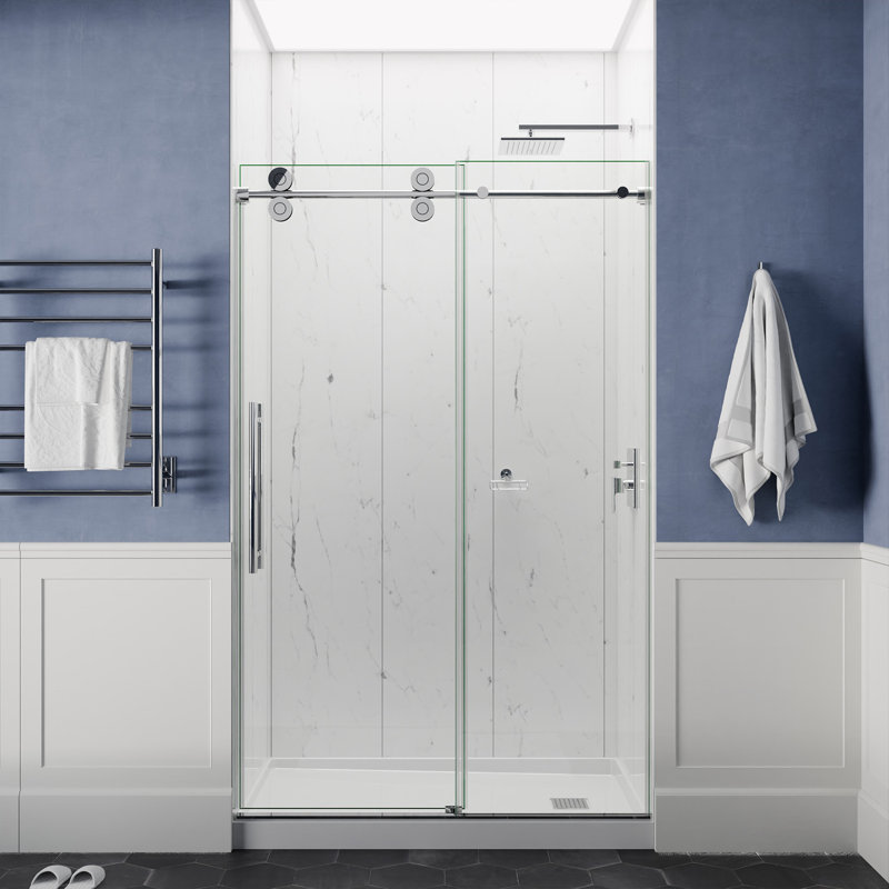 Anzzi Series 60 po X 76 po Porte de douche sans cadre avec porte coulissante en verre trempé transparent, Chrome poli