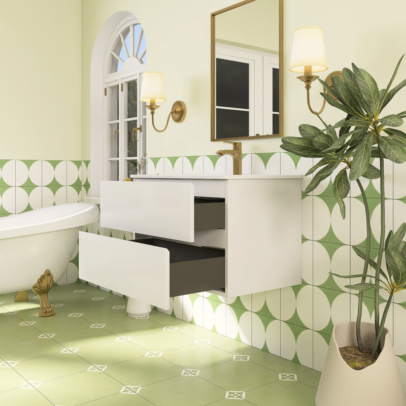 Meuble-lavabo mural simple 29,9 po avec comptoir en céramique, 30", Blanc