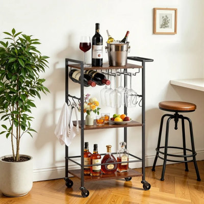 Bar Cart, 3 Tiers Home Kitchen Serving Carts, Industrial Rolling Utility Station on Wheel, Mobile Drink Beverage Shelf with Wine Rack & Glass Holder,