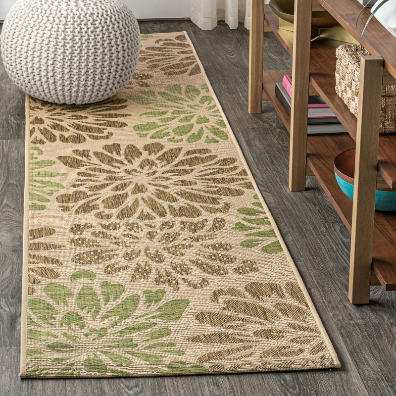 Hagy Modern Floral Textured Weave Sage/Brown Indoor/Outdoor Rug, Runner 2'2" x 8'