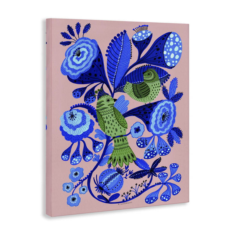 Oiseaux de style populaire sur toile, par Kay Widdowson, H 30 po x l 24 po