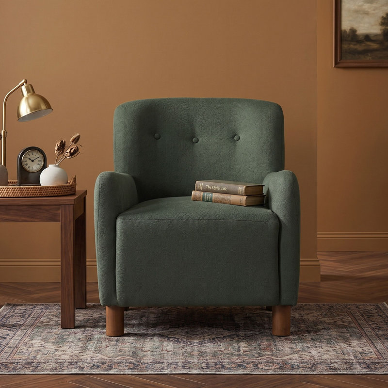 Fauteuil d'appoint moderne en lin capitonné avec siège rembourré, accoudoirs et pieds en bois d'hévéa, Vert