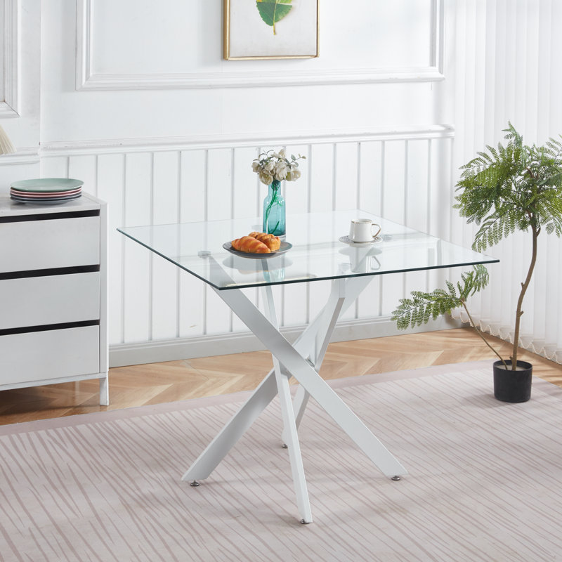 Table de salle à manger avec pieds croisés en métal et verre trempé, table de cuisine moderne pour le salon, Blanc mat