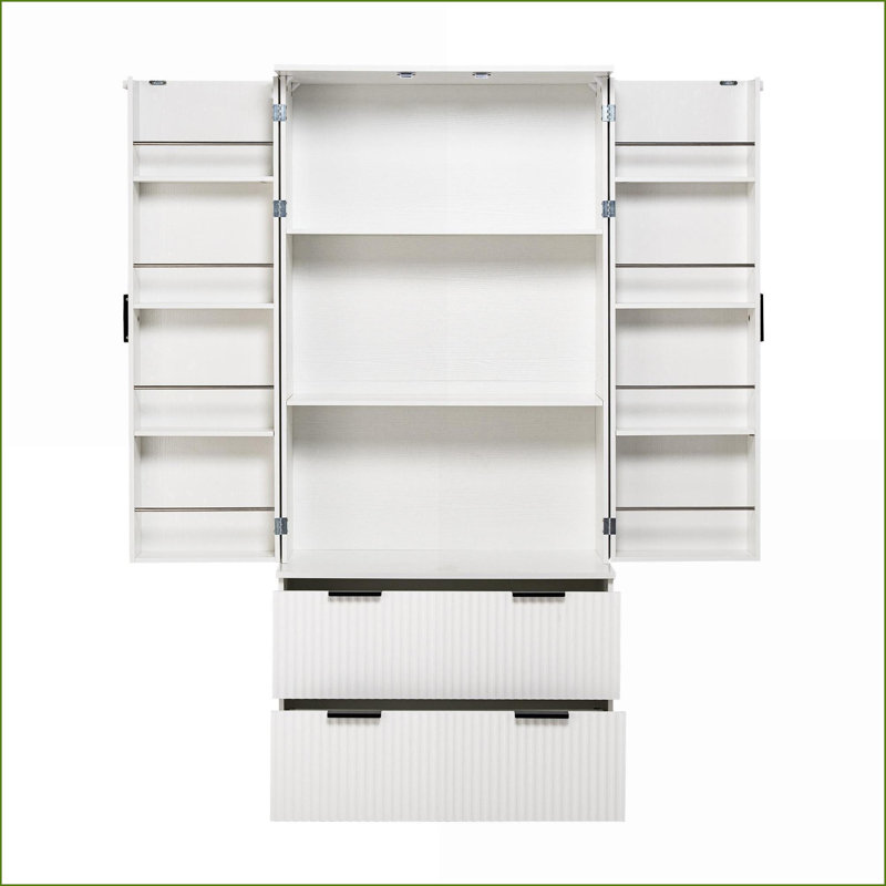 Kitchen Pantry Cabinet | 72” Modern Fluted White Storage Organizer with 2 Large Drawers &amp; 8-Door Spice Racks | MDF | Drawers Included