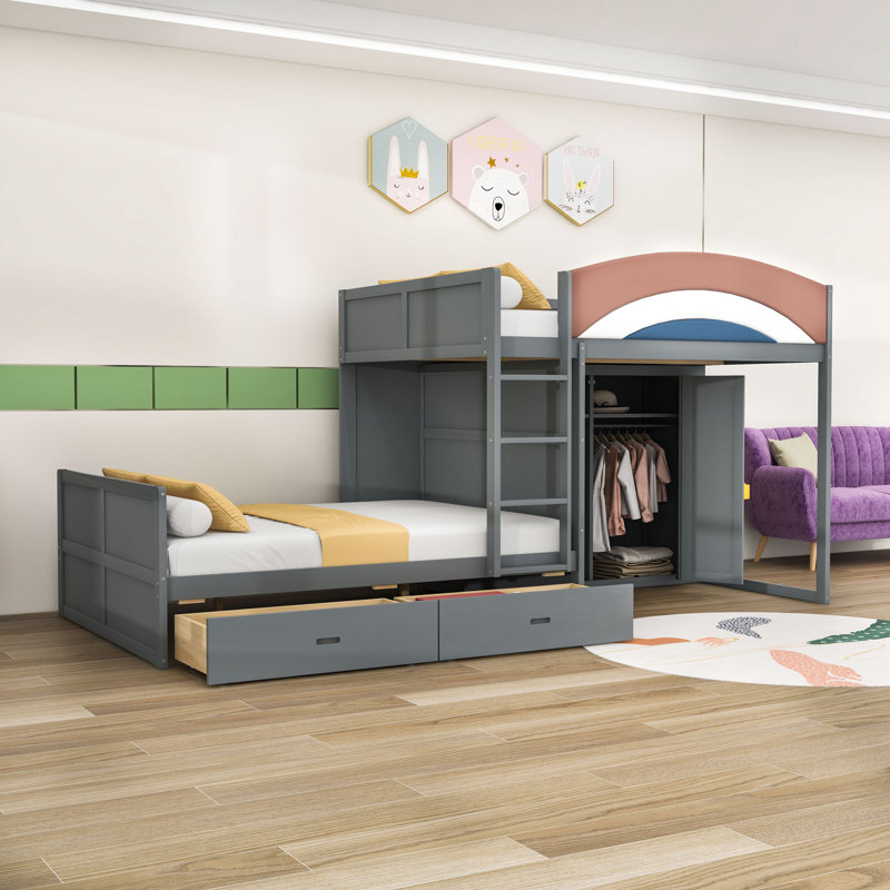 Full Wooden Loft Bunk Bed with Closet, Storage Drawers, Gray