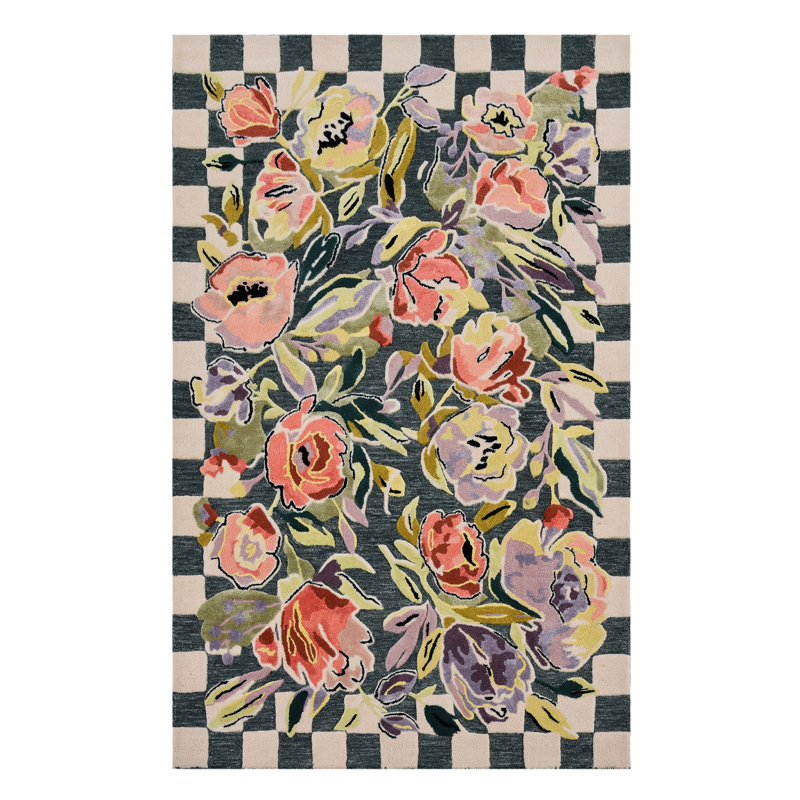 Ranunculus And Checks Rug, Rectangle 5' x 8'
