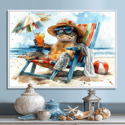 Turtle On The Beach Relaxing - Coastal Animal Wall Art Living Room