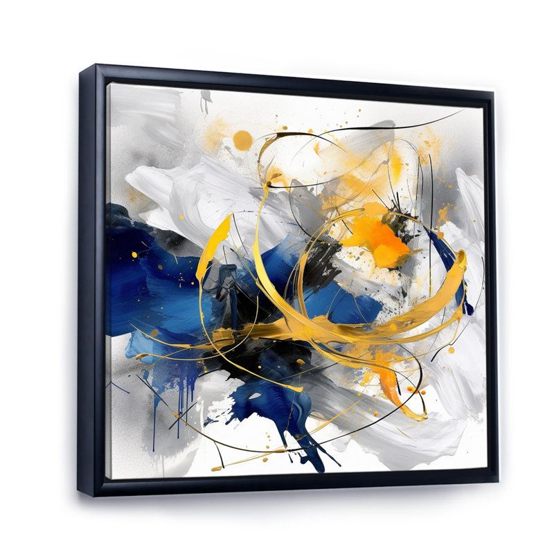 «Dark Blue and Gold Strokes», reproduction sur toile encadrée, H 16 po x l 16 po, Reproduction avec cadre flottant, Noir
