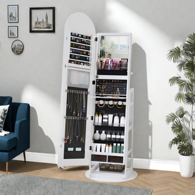 Led Mirror Jewelry Cabinet, 61” Standing Arched Omoro Organizer With Full-length Mirror, 360° Swivel Jewelry Cabinet Lockable With Make Up Mirror Drawers, White