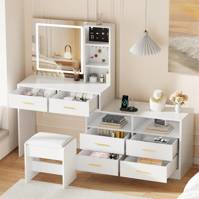 Bureau de coiffeuse avec miroir et lumières, bureau de maquillage en forme de L avec 6 tiroirs