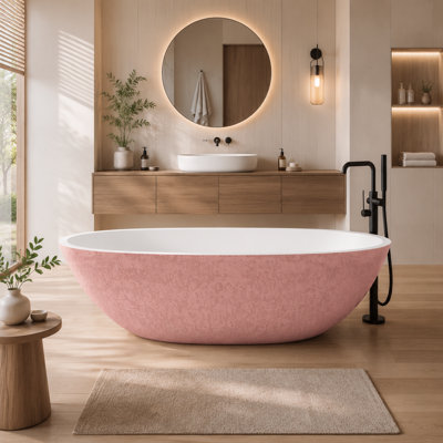 Vast Studio 74.8" x 39.8" Textured Blush Concrete  Freestanding Oval Bathtub –  Blush/White Interior Deep Soaking Tub with Metallic Luxury Finish & Contemporary Spa-Inspired Design 