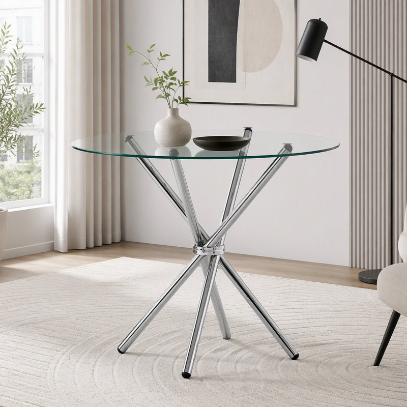 Table de salle à manger ronde en verre avec pieds en métal en forme d'anneau, Argent / transparent