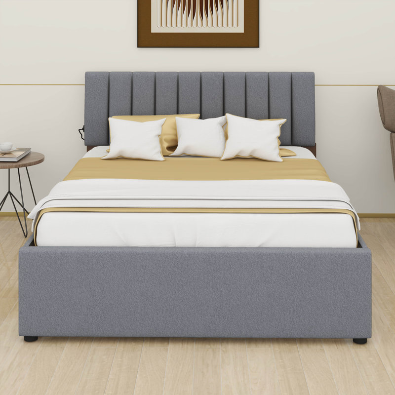 Lit plateforme tapissier avec lit gigogne simple, lit plateforme en molleton Teddy, Lit double, Gris