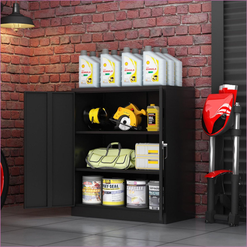 Cabinets | Lockable Metal Storage Cabinet with 2 Doors &amp; Adjustable Shelves | Office/Garage/Warehouse | Black, Metal
