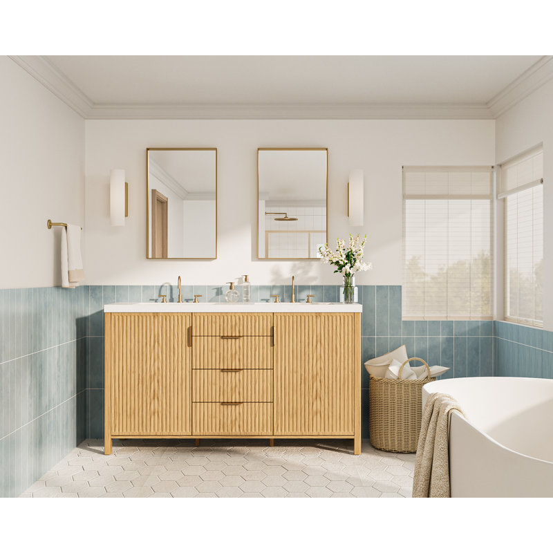 Meuble-lavabo autoportant avec lavabo à poser et à encastrer, assemblage requis, Bois, Double Sinks, 60"