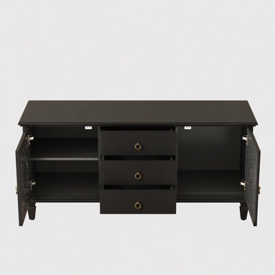 Farmhouse TV Stand with Hollow Carved Doors, Vintage Sideboard Buffet Storage Cabinet with 3 Drawers & Adjustable Shelves, Retro Freestanding Console Table