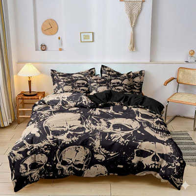 Distressed Beige Skull on Black Microfiber Duvet Cover Set, King, 3 Piece with 2 King Pillowcases