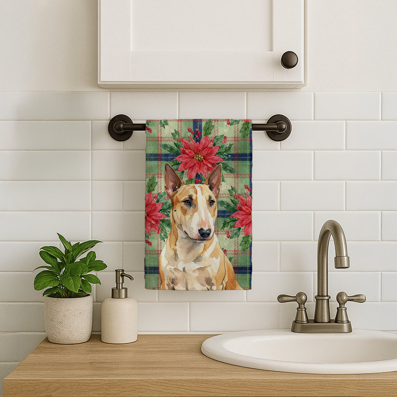 Miniature Bull Terrier Christmas PoinsettIas Kitchen Towel, White/Tan Miniature Bull Terrier