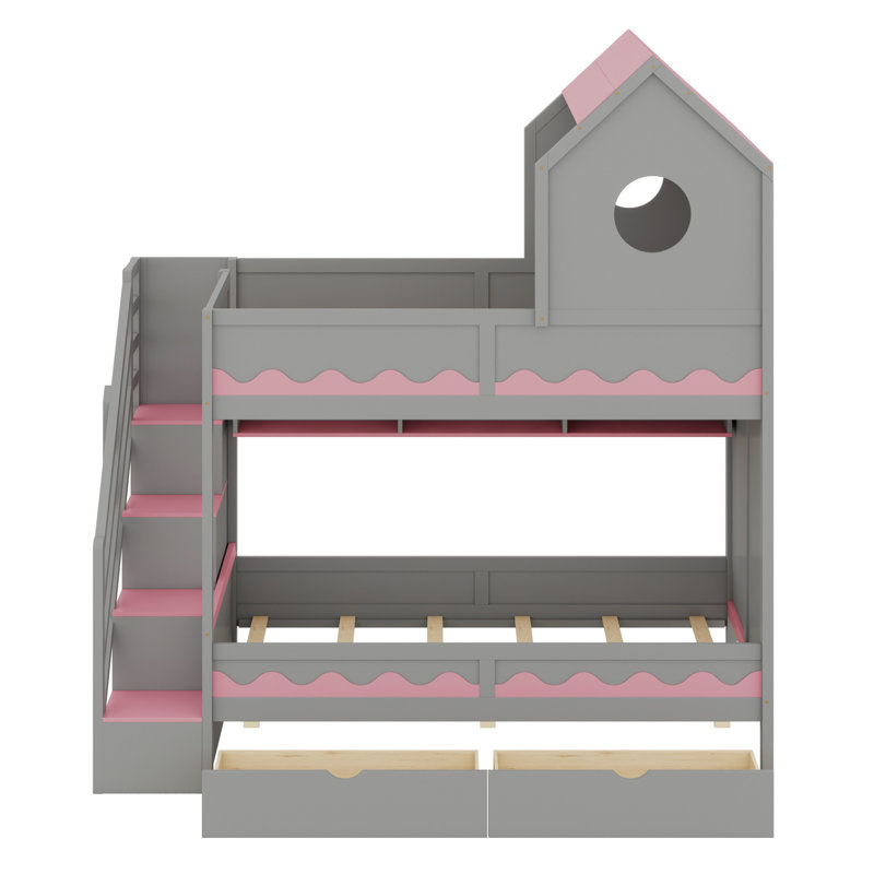 Lit superposé avec escalier intégré, tiroirs de rangement, Gris