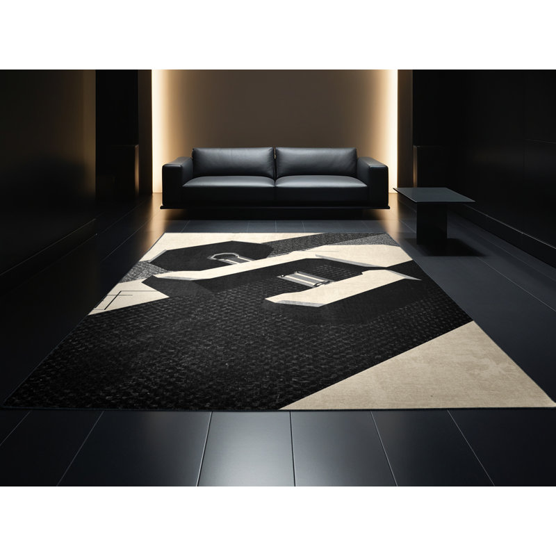 Machine Washable Rayan Dumbbells Modern Geometric Rug in Gray – Black Binding, 3x5