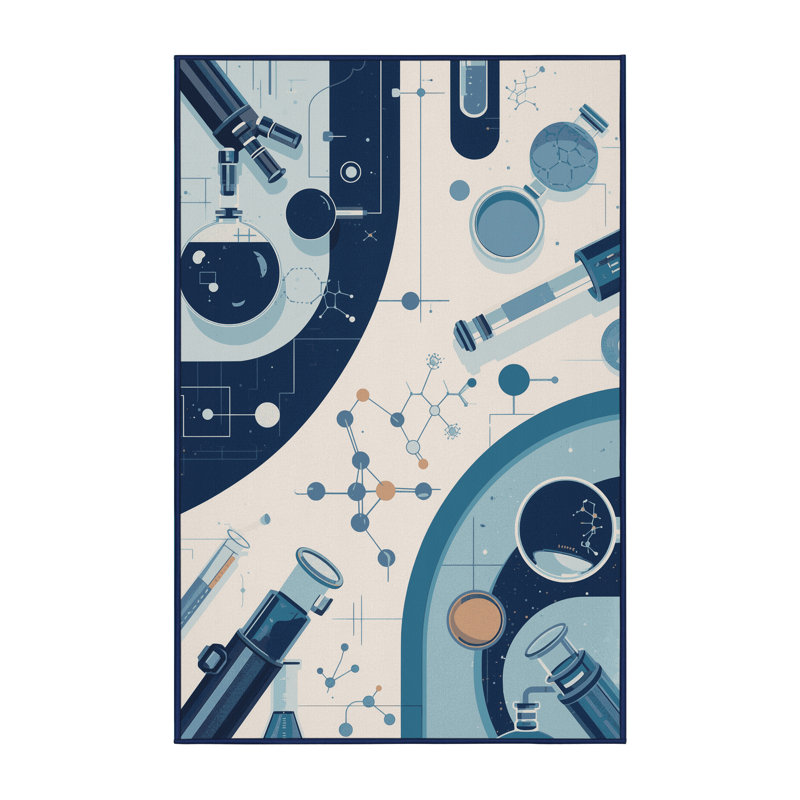 Soft Plush Ormes Laboratory Scene Modern & Contemporary Area Rug in Green – Navy Binding, 2x3
