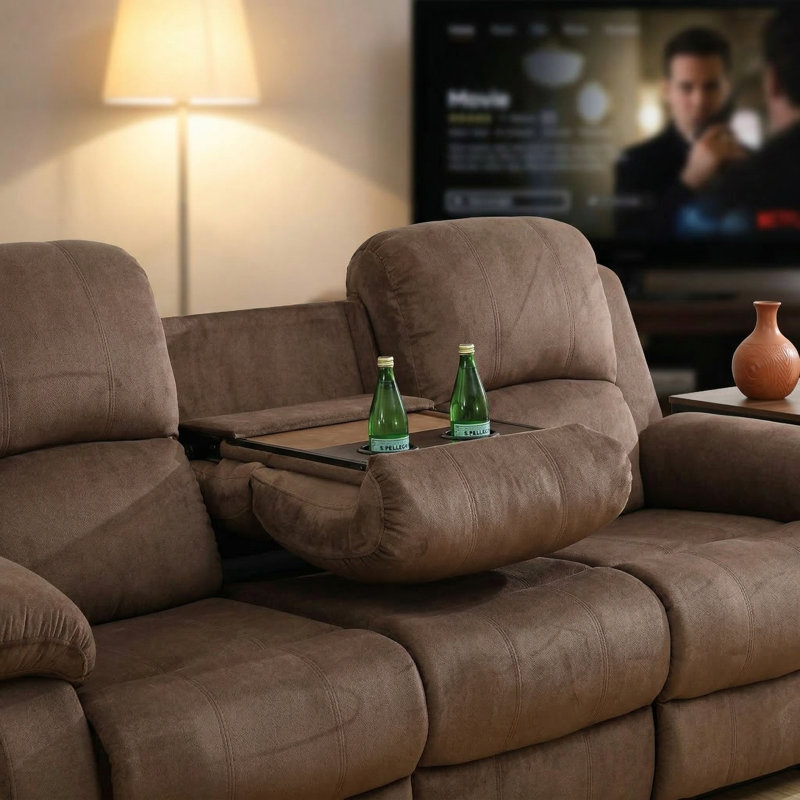 Canapé inclinable avec causeuse, dossier central rabattable, canapé inclinable en velours côtelé 3 places avec table rabattable et porte-gobelets (brun)
