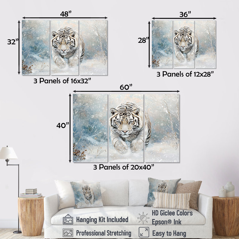Tigre du Bengale blanc en hiver I - ensemble d'art mural tigre, H 32 po x l 48 po, Toile tendue, Ne s’applique pas