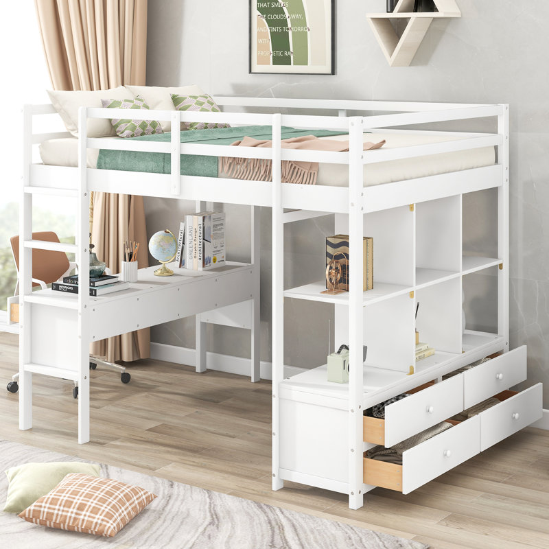 Erjon Kids Loft Bed with Drawers, White, Twin