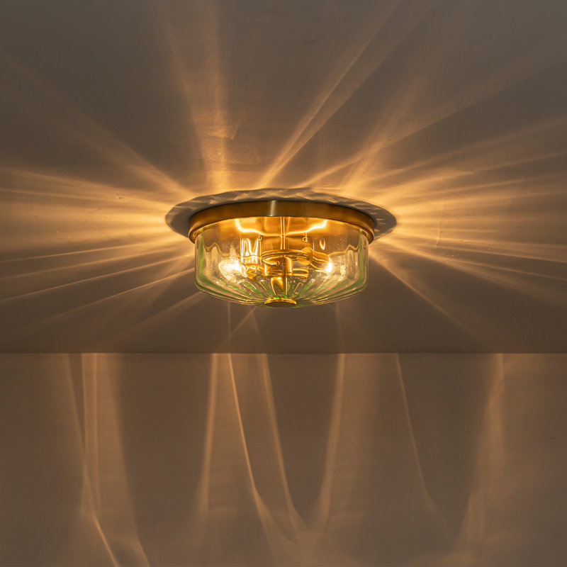2-Light Dimmable Drum Flush Mount with Green Ribbed Glass Shade, Green