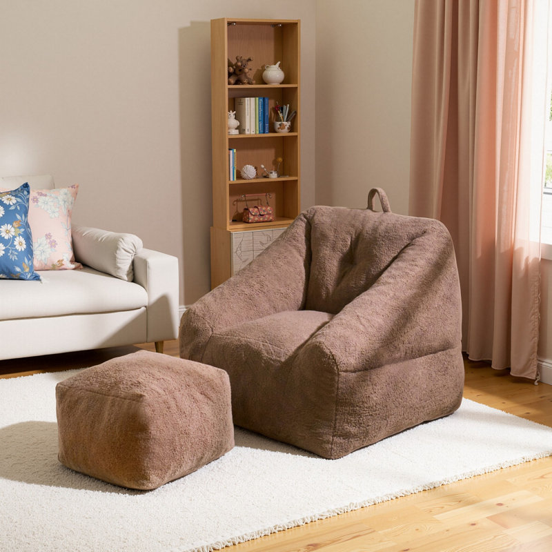 Compression 38.5" W Soft Teddy Fabric Foam Filled Bean Bag Chair With Ottoman, Brown Teddy