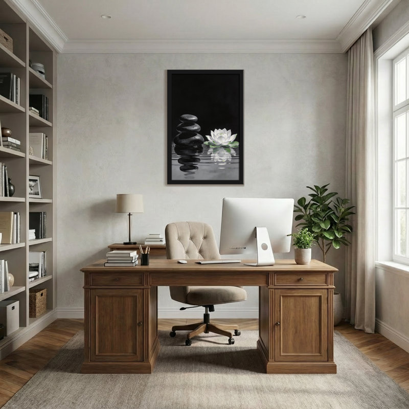 Bain et lessive, pierres noires, lotus blanc, reflet de l'eau, art zen paisible, H 18 po x l 12 po
