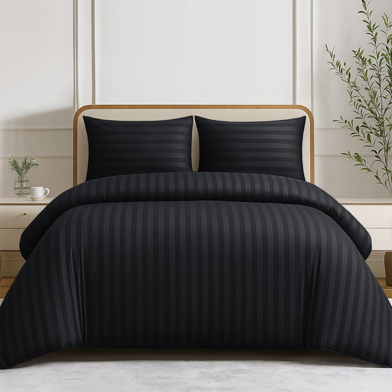 Striped 4-Piece Microfiber Bedding Set, Duvet Cover, Fitted Sheet & Pillowcases , Black Striped