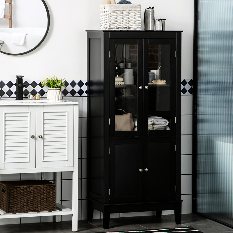 Armoire de salle de bain, 2 espaces de rangement et porte en verre trempé, tablettes réglables, garde-manger noir pour salon 2
