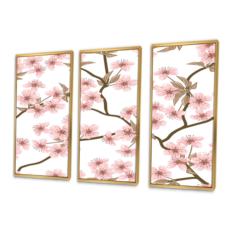 «Blossoming Cherry Branches», reproduction sur toile flottante 3 pièces, Cadre doré, H 20 po x l 36 po x P 1 po