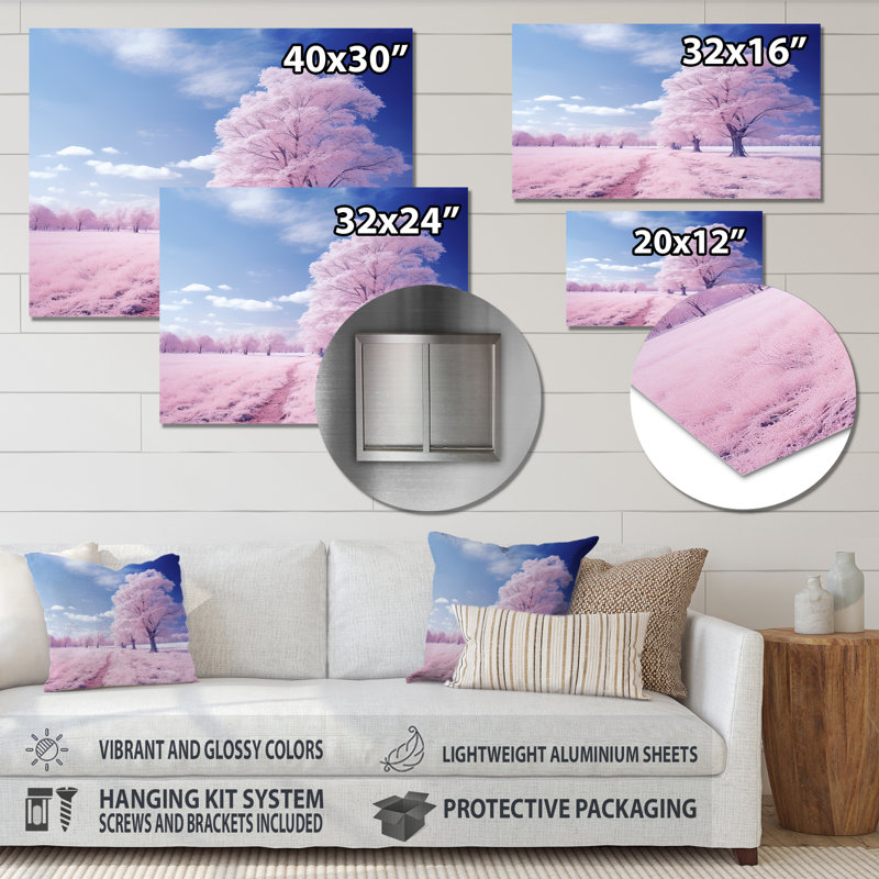 «Pink Winter Tree Snow Landscape», art mural arbre d'hiver, Métal métal, H 30 po x l 40 po x P 1,5 po