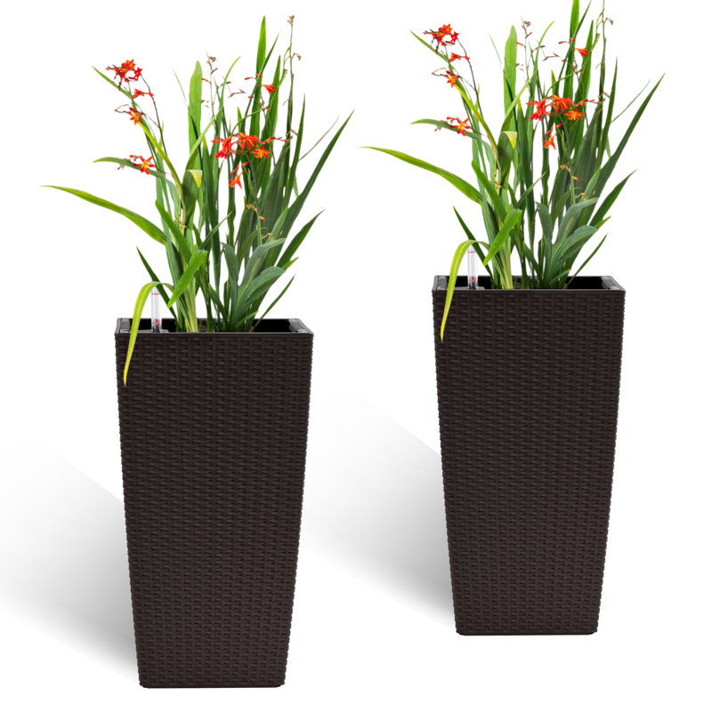 Set Of 2 Tall Square Faux Rattan Planters 22-Inch Brown Outdoor Flower Pots With Self-Watering System For Patio And Garden | Gift Idea