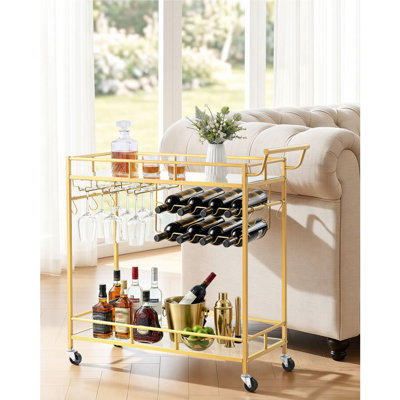 2-Tier Bar Cart with Mirrored Glass Shelves, 34.6×13.8×35 in, Iron Frame & Glass, 1 Piece, Serving Cart, Gold, with Wine Rack and Glass Holder