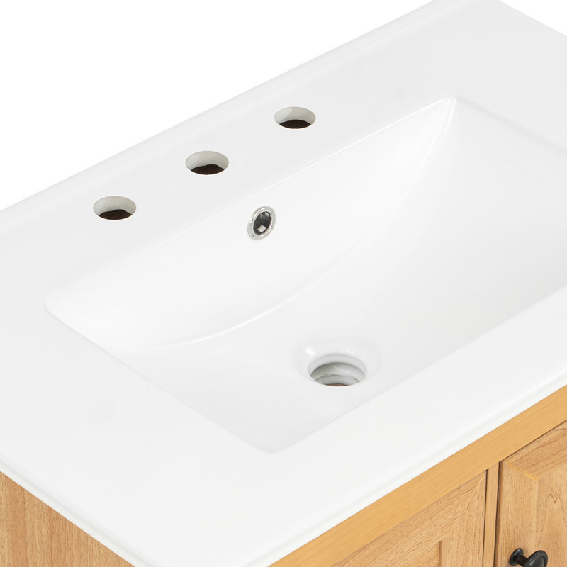 Meuble-lavabo simple 30 po à grain de bois avec lavabo en céramique, tablette réglable et tiroirs et porte à fermeture en douceur