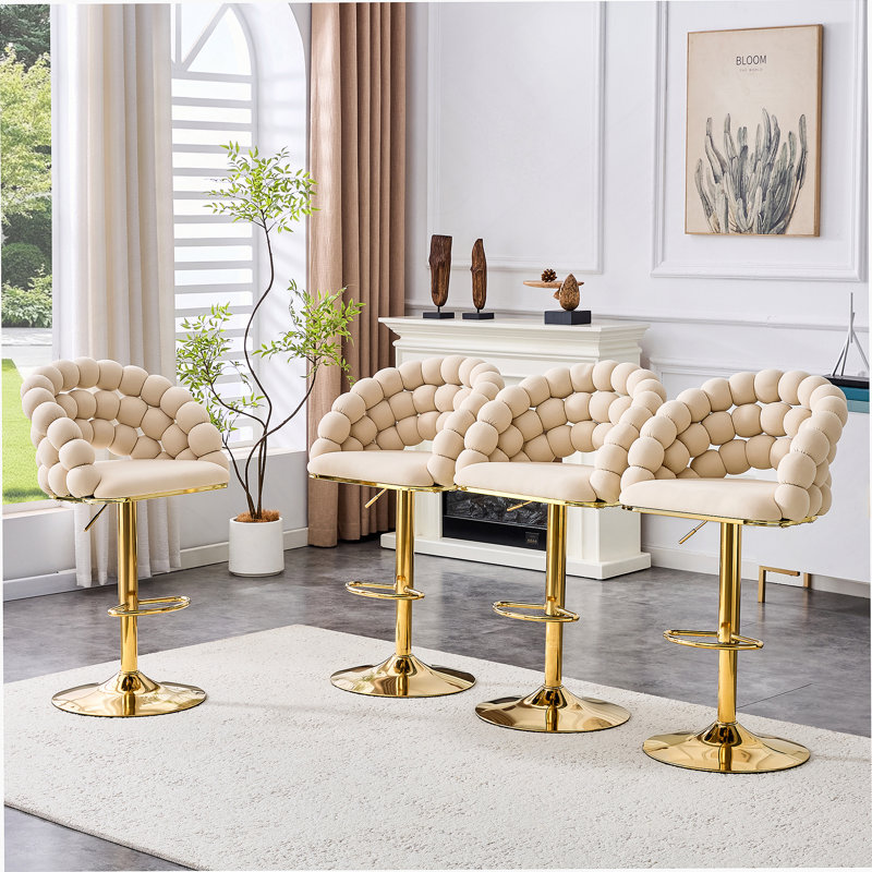 Ensemble de 2 tabourets de bar beige en velours à chaîne boule avec pieds dorés, capitonné moderne réglable pour la cuisine et la maison