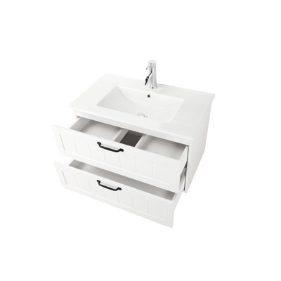 White 32-inch Ceramic Bathroom Sink, Pre-drilled Faucet, Easy To Clean, Fits Vanities Spacious Basin,