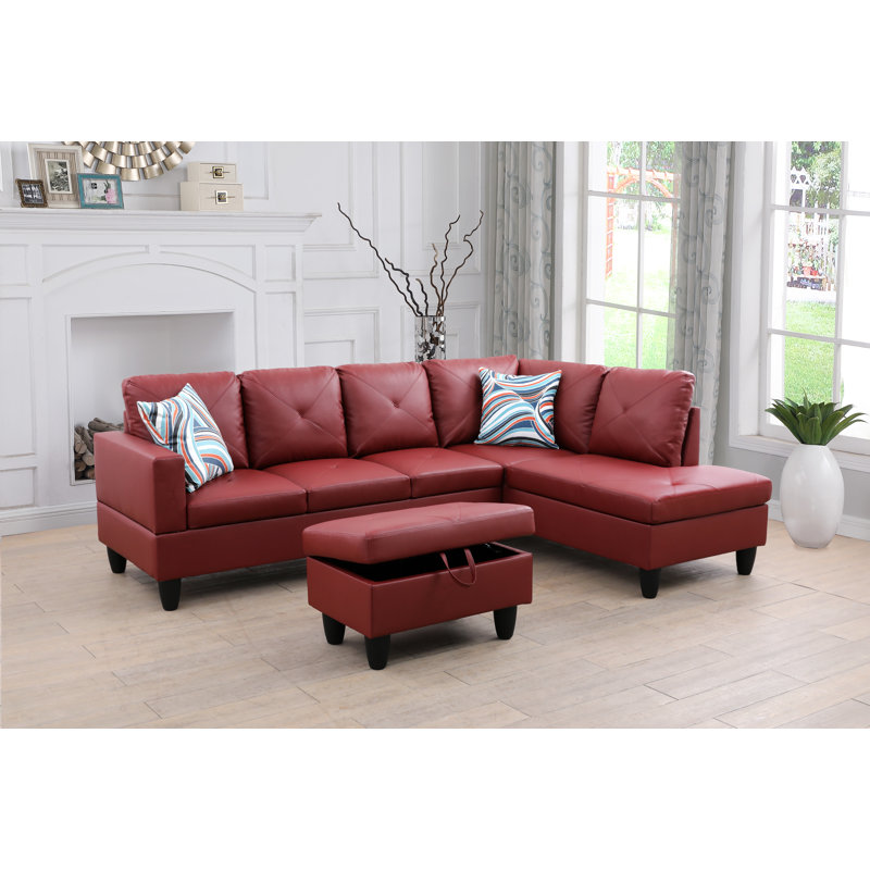 Faux Leather L-Shaped Sectional Left Hand Facing, Red Faux Leather, Right Hand Facing