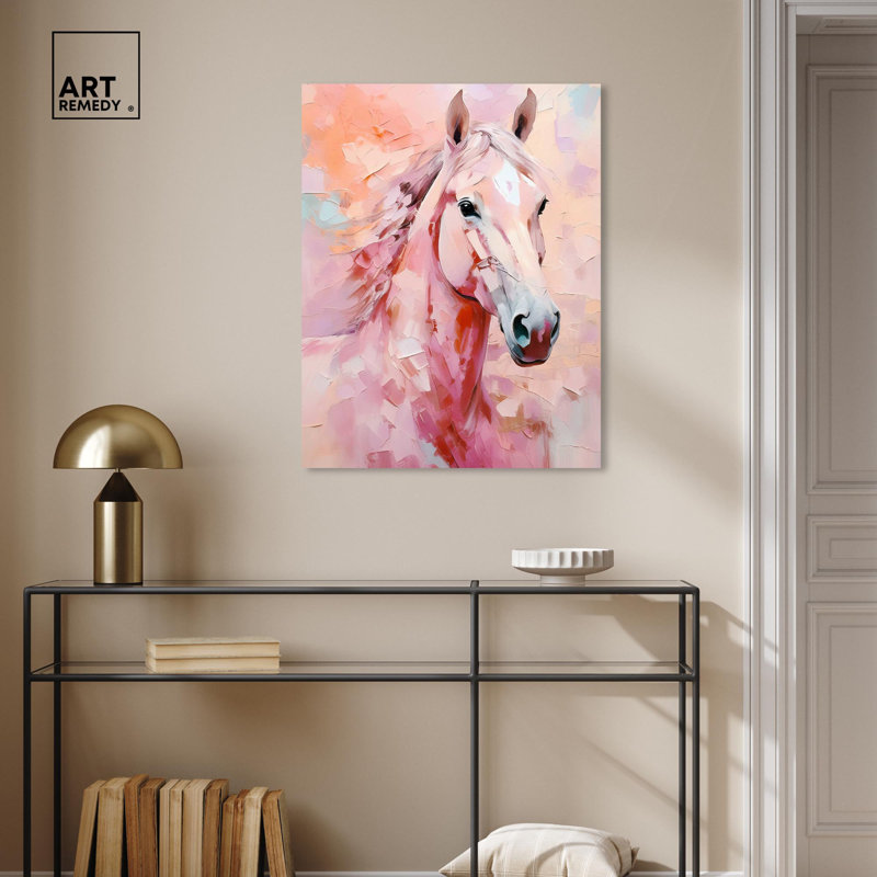 Art chevalier rose, toile, pêche, boho, Toile tendue, H 36 po x l 30 po