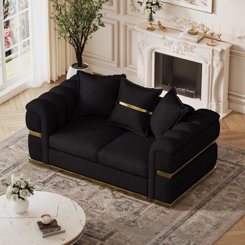 Canapé moderne et glamour deux places de 66,5 pouces avec assise profonde, larges accoudoirs et accents dorés, Black