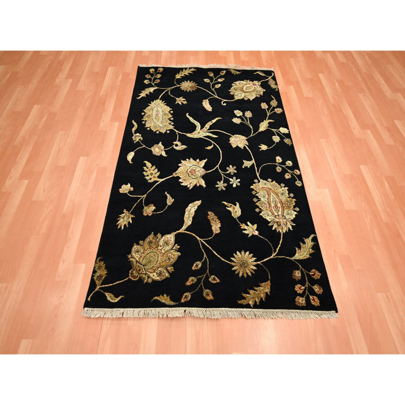 Tapis oriental 4 pi 1 po x 6 pi 1 po noir, moitié laine et moitié soie, motif botanique sans bordure, tissage dense, velours doux, noué à la main, tapis oriental