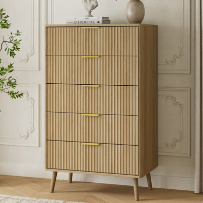 Fluted 5-Drawer Dresser For Bedroom, 45.5" H Modern Chest Of Drawers With Deep Drawers, Curved Profile Design, Wood Drawer Organizer For Living Room, Hallway, Nursery, Hallway Closet