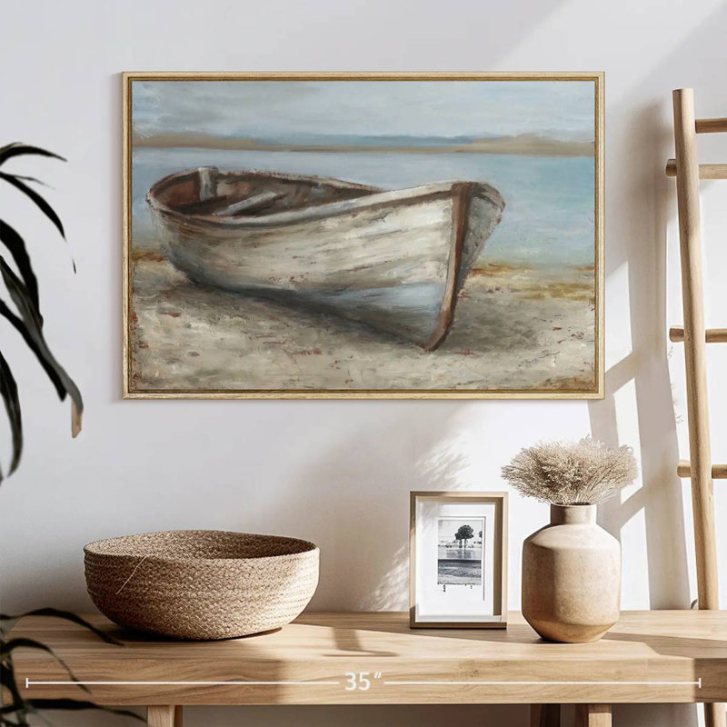 Bateau blanchi à la chaux I, 25 po x 17 po, Cadre flottant en bois naturel