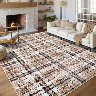 Washable Area Rugs for Bedroom Modern Area Rug for Living Room Contemporary Plaid Non Slip Large Rug Low Pile Stain Resistant Carpet for Playroom Classroom