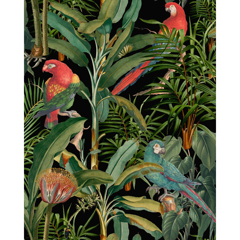Tropical Wanderlust Floral Wallpaper Roll, Green/Black/Red